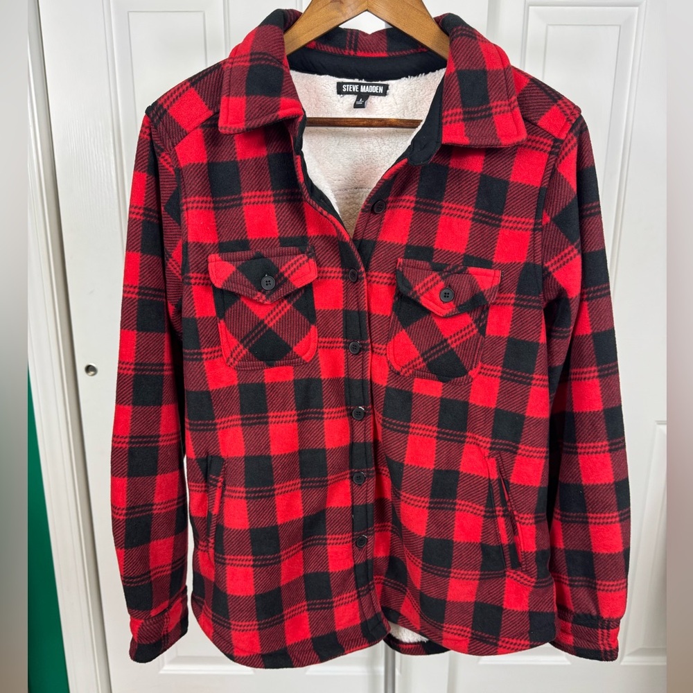 Steve Madden Buffalo Fleece Jacket - Red/White Plaid - Women’s Size Large‎